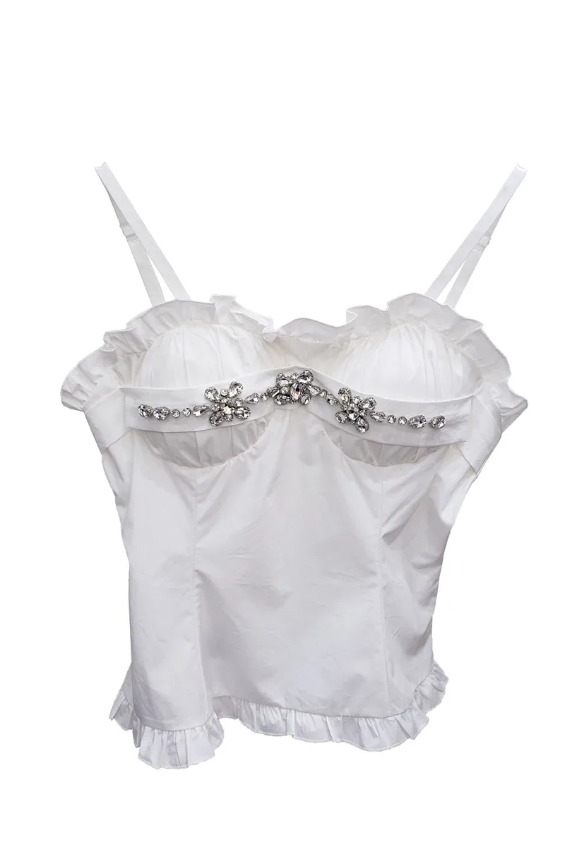 

Summer Ruffled Diamond Backless Crop Tank Top Outer Wear Slimming Short Strap Camisole Lady Sexy High Street Shirt Crop Tops