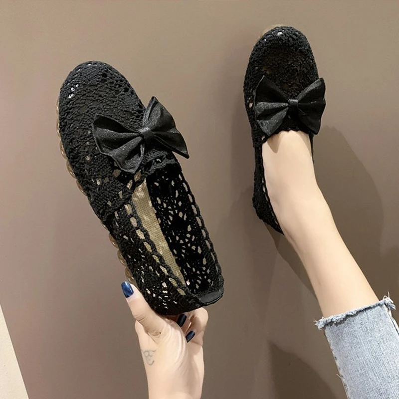 

Shallow Mouth Shoes Woman Flats Casual Female Sneakers Bow-Knot Round Toe Dress Butterfly New Summer Driving Solid Fabric Fretwo