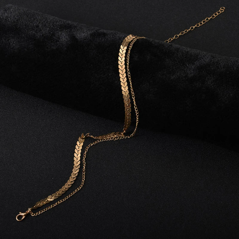 

New Chain Choker Two Layers Necklaces Fishbone Shape Necklace Flat Chain Woman Jewelry