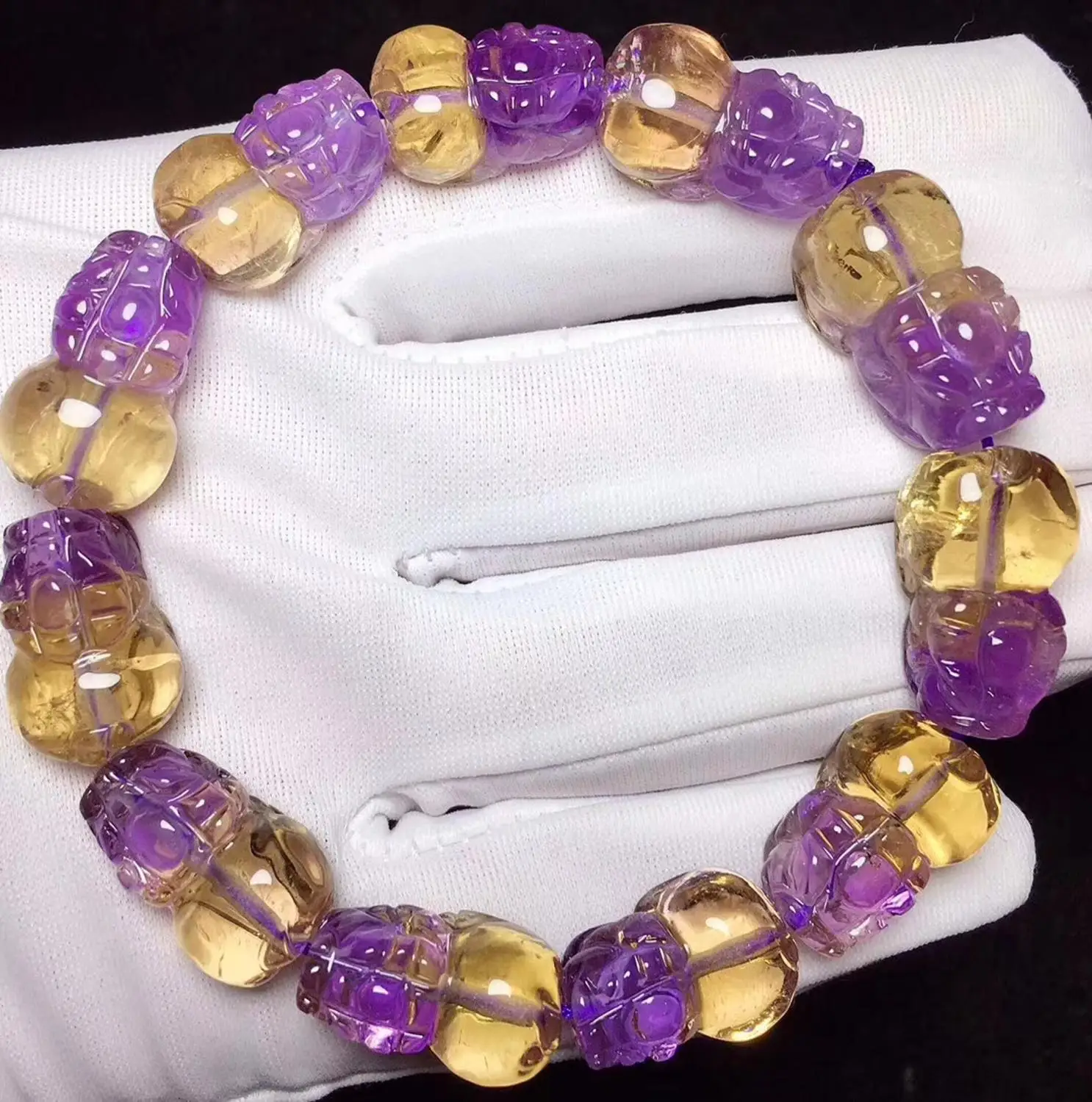 Online Natürlichen Ametrin Quarz Gelb Lila Armband Klar Männer Frauen Pi Xiu Perlen 19x11x10mm Stretch Kristall Echtes AAAAA