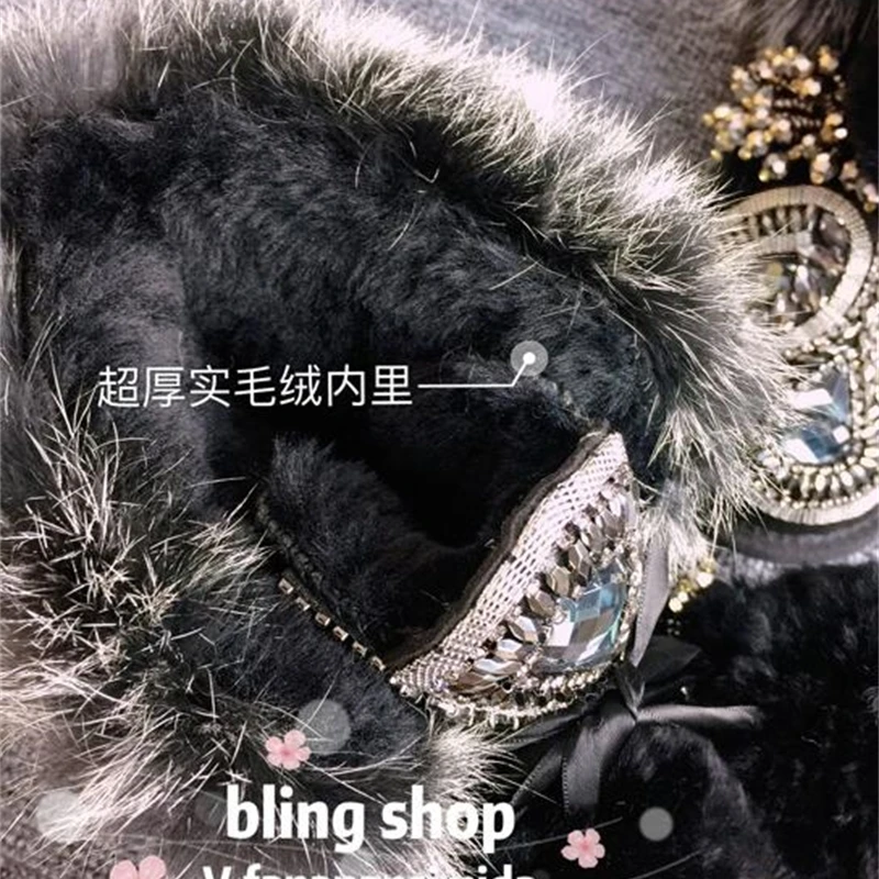 Женские зимние сапоги Новинка 2019 года Зимние с алмазными стразы Теплые кроличьим