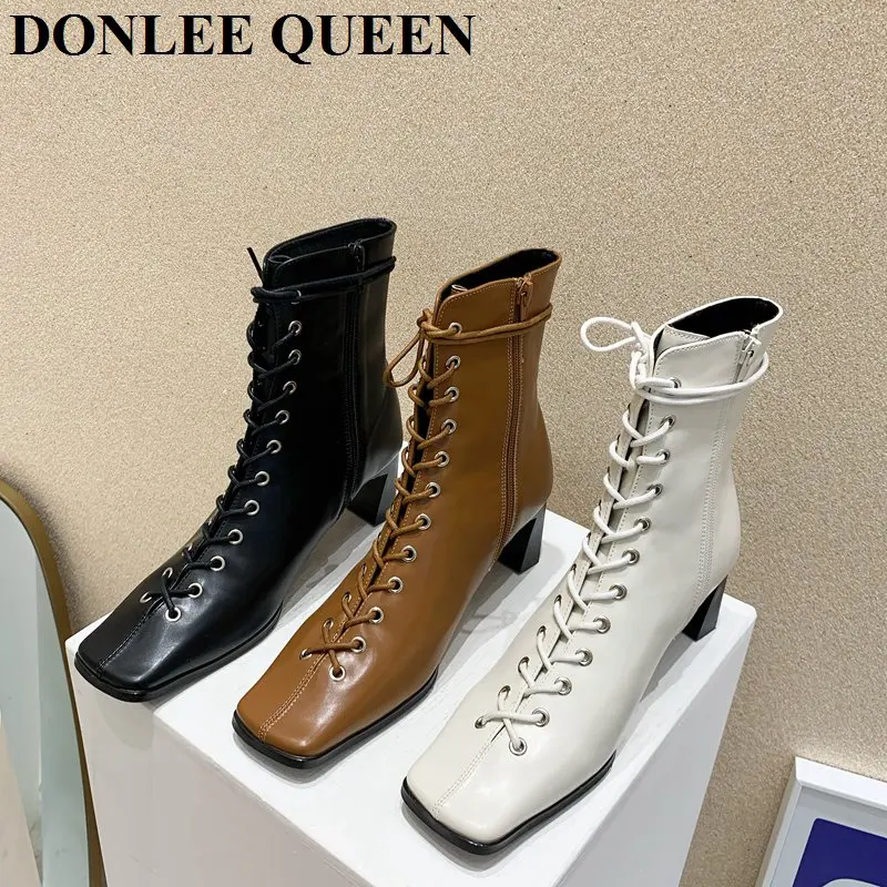 

New Brand Ankle Boots 2021 Autumn Winter Shoes High Heels Square Toe Chelsea Boots Lace Up Martin Short Booties Zapatillas Mujer