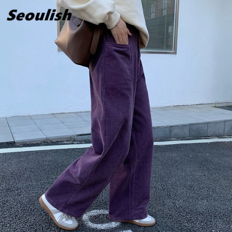 

Seoulish 2021 New Women's Corduroy Trousers Autumn Winter Vintage Purple Pockets Loose Casual Ladies Wide Legged Pants Female
