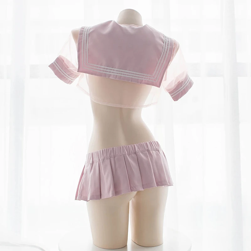 

Japanese Style Soft Girl Pink Uniform Set Sexy Transparent Ultrashort Sailor Suit Pleated Skirt Tie 3Pcs Underwear Set Cosplay