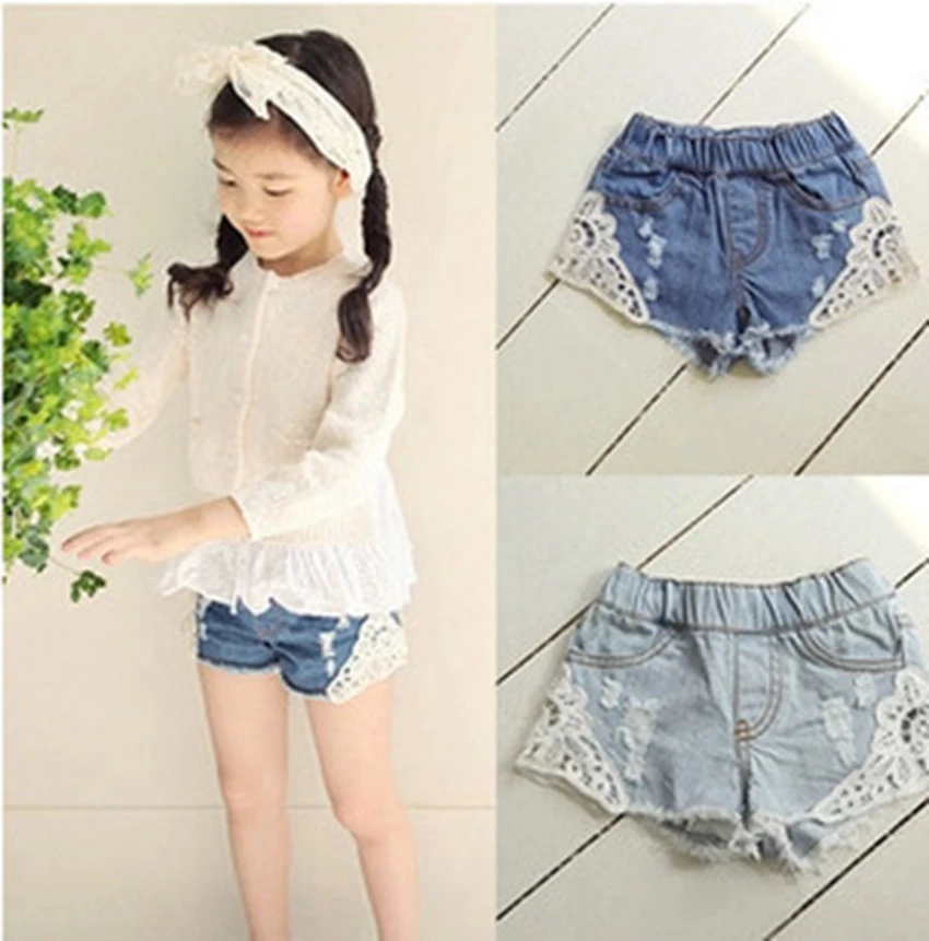 

New Girls Hole Denim Shorts Teenage Girl Summer Lace Pants Kids Bow Clothes Children Flowers Embroidery Jean Short For Teenager