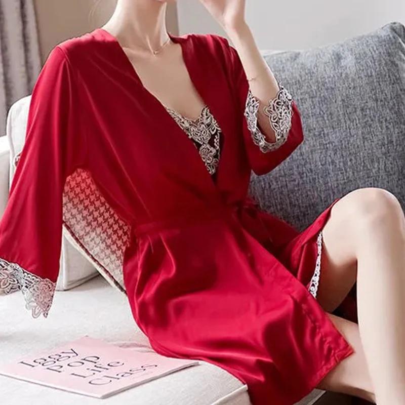 Robe Sleep Suit Womens Lace Satin Pajamas Gown Set V-Neck Sexy Cami Nighties Wear Pijama Home Nightwear Spring Nightdress