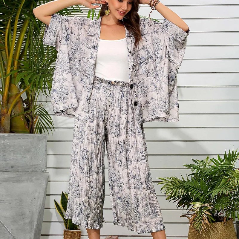 

DEAT 2021 Spring Summer New Pattern Lapel Long Sleeve Print Patchwork Two Piece Set Women Fashion Tide Fashion Tide 3AJ183