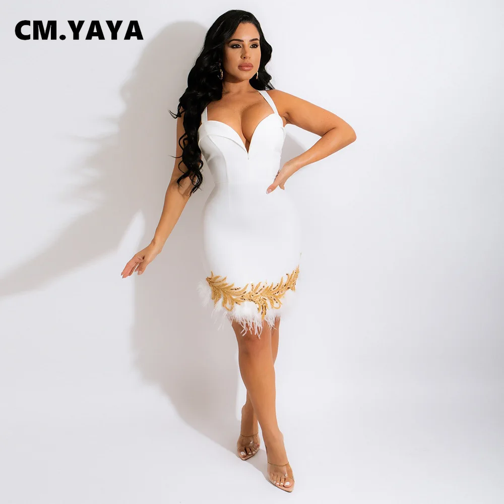 

CM.YAYA Women Feather Patchwork Hem Halter V-neck Backless Bodycon Midi Mini Dress Sexy Party Club Night Pencil Dresses