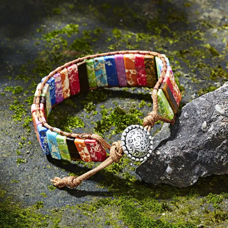 Женский и мужской браслет из бусин 7 Чакр в богемном стиле кожаный ручной работы с