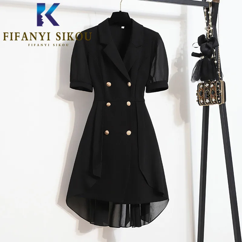 

Женское двубортное платье с коротким рукавом, черное асимметричное платье средней длины с отложным воротником