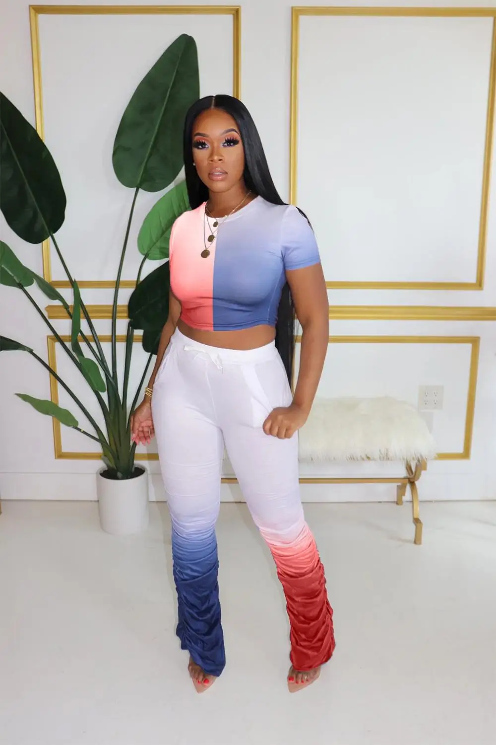 

RT Women Sports Suit Pleated Flared Two Pieces Set Short Sleeve Top Flared Pants 2 Pieces Set Tracksuit Print Outdoor Wear