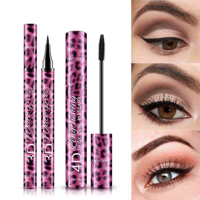 

36 Hours Waterproof Eyeliner+4D Fiber Mascara Makeup Set Lashes Curling Lengthening Black Mascara Leopard Cosmetics