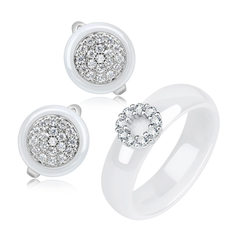 Bling CZ Кристалл Круг геометрический для женщин Ювелирные наборы для женщин никогда не выцветает здоровые керамические серьги кольца на палец обручение подарок