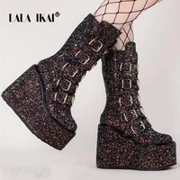 lala ikai big size 43 black gothic style cool punk motorcycles boots female platform wedges high heels calf boots women shoes