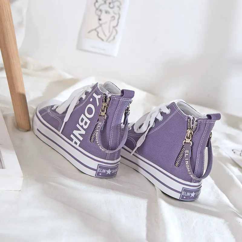 Korean Fashion High-top Women Canvas Shoes Purple Side Zipper Flat Casual Student Ulzzang Harajuku Sneakers Vulcanized | Обувь