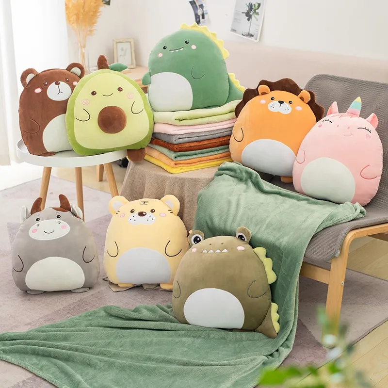 

40cm Forest Animal Pillow Soft Lion Dinosaur Tiger Cattle Crocodile Bear Avocado Plush Stuffed Toy Nap Pillow With Blanket Gifts