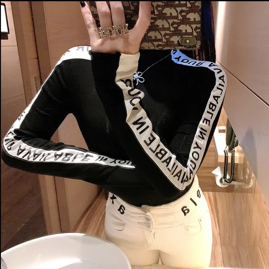 Осенне-зимняя женская Вельветовая эластичная футболка с высоким воротником и