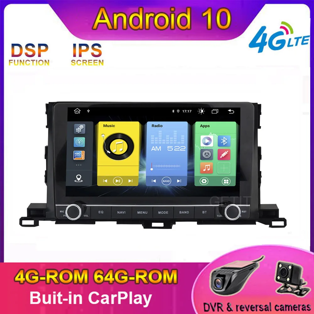 

CARPLAY Android 10,0 автомобильное радио, Автомобильная GPS-навигация, мультимедиа для Toyota Highlander 2015, без DVD