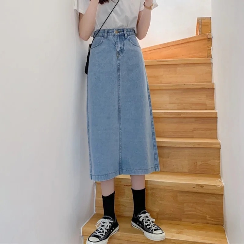 

Spring 2021 new Korean style wild mid-length washed denim A-line Long skirt for women Jeans Harajuku loose cotton