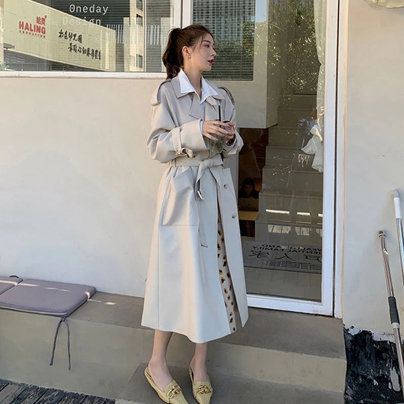 Женское двубортное платье-ветровка элегантное весеннее платье-макси в Корейском