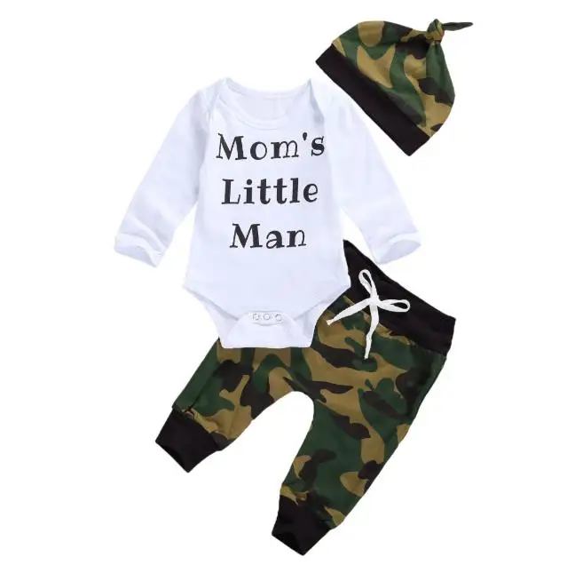 

3Pcs Newborn Baby Clothes Set Long Sleeve Letter Print Romper Camouflage Pants Hat Set Autumn Boys Clothes