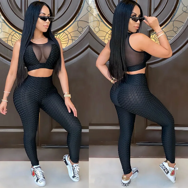 

New Plus Size Women's Tight-fitting See-through Sexy Sleeveless Top And Trousers Sweatpants High Waist Women Pants
