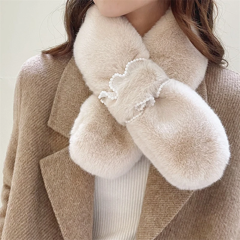 

Korean Solid Color Lace Pearl Cross Plush Woman Scarf Winter Knit Rabbit Fur Collar Double Sided Thick Windproof Warm Shawl T36