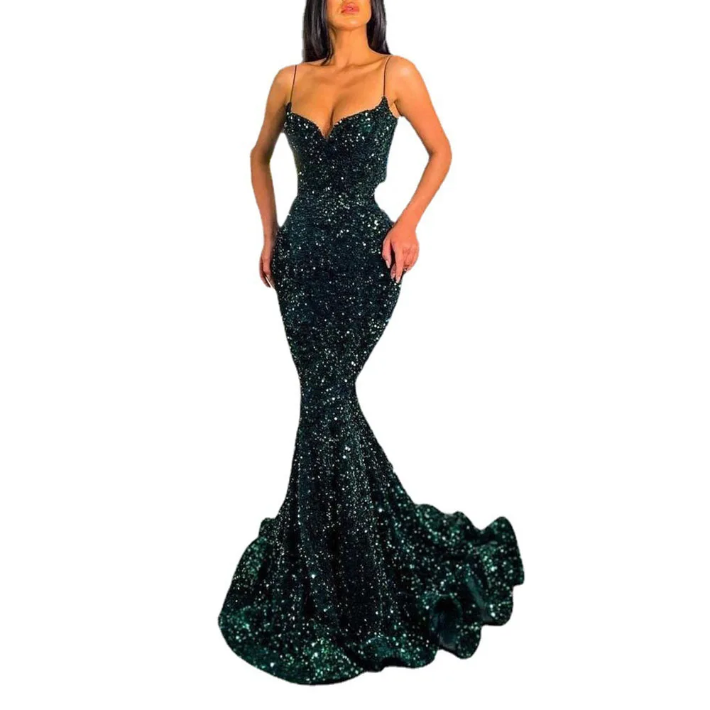 

Spring Summer 2021 Europe America Sequins Solid Color Temperament High Waist Mermaid Buttocks V-neck Evening Dress