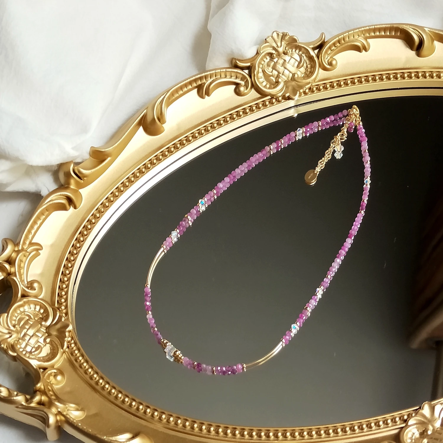 

Lii Ji Natural Ruby 3mm Tiny Beads 14K Gold Filled Austrian Crystal Necklace 38+5cm Women Jewelry