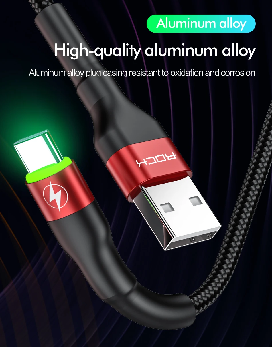 ROCK 5A Metal Led Light USB Type C Cable For Xiaomi Redmi Samsung OnePlus Huawei Mate 20 Pro Fast Charging Data USB C Quick 3.0