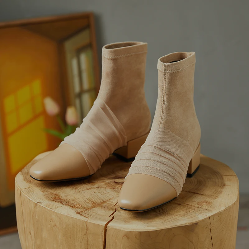 

Band Thick med Heels women boots Shallow Genuine Leather Ladies Ankle Boots Female Winter Night Club Party Shoes Woman