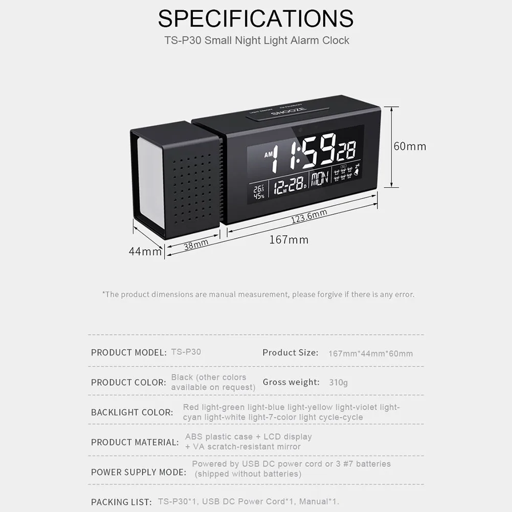 Night Light LED Display Digital Clock Motion Sensor 7 Color Dimmable USB/Battery 6 Settings with Snooze Temp/RH Monitor FM Radio | Дом и сад