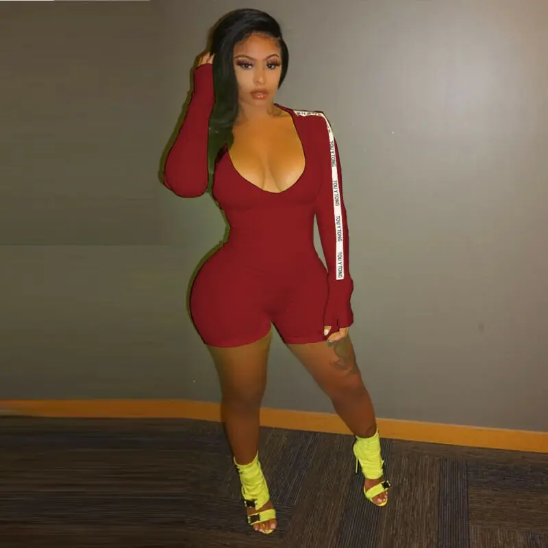 

Goocheer Long Sleeve Sexy Women Bandage Jumpsuit Letter Printed Female High Waist Sexy Evening Party Deep V Neck Playsuit