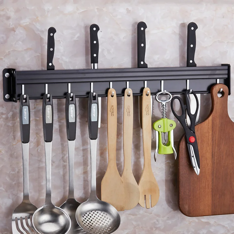 

Kitchen Organizer Aluminum Multifunction Black Kitchen Rack Wall Hanging Storage Kitchenware knives Holder Shelf