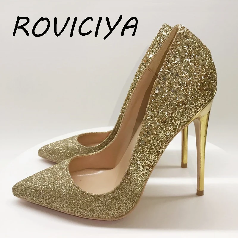 Блестящие женские туфли лодочки золотистого цвета на высоком тонком каблуке 12 см