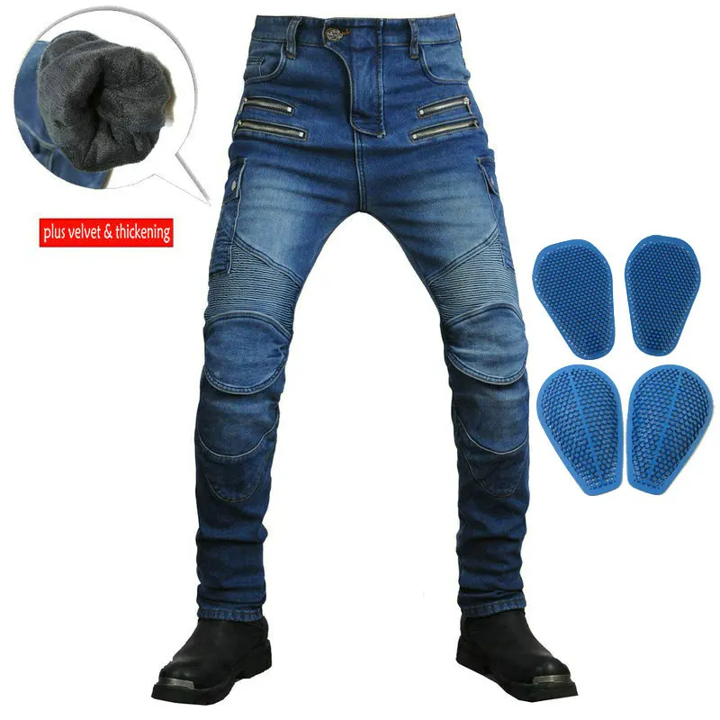 Enlarge Loong Biker Winter Locomotive Riding Trousers Motorcycle Protective Plus Velvet Thickening Jeans Fashion Casual Moto Pants Blue