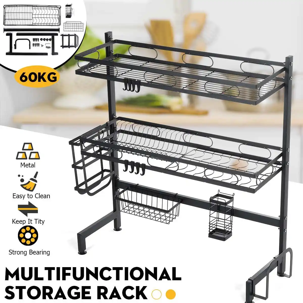 

1/2Tier Multi-use Metal Dishes Rack Dual Sink Drain Rack Adjustable Kitchen Oragnizer Rack Dish Shelf Sink Drying Rack 62-92CM