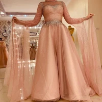 vestidos beaded crystal pink muslim evening dresses 2020 robe de soiree long prom dress saudi arabic celebrity party night gown