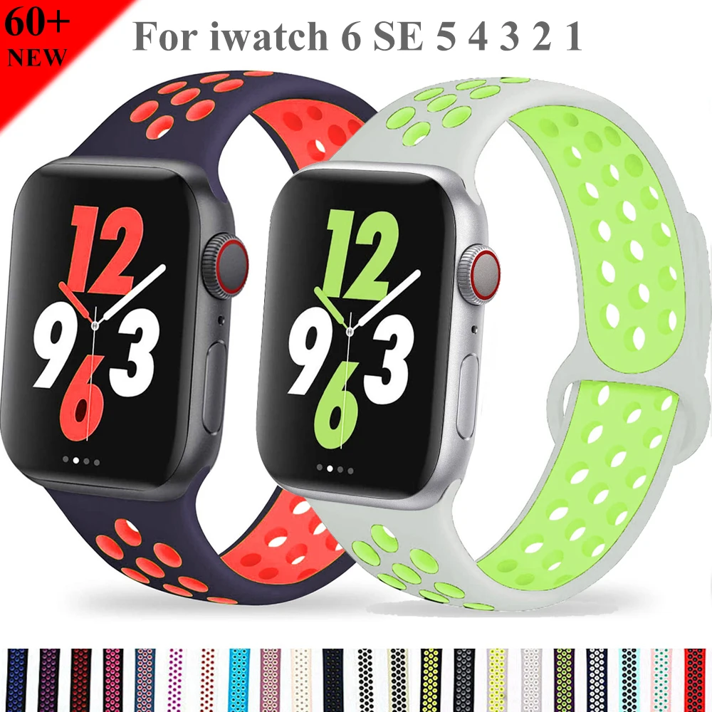 Ремешок силиконовый для Apple Watch band 44 мм 40 38 42 Воздухопроницаемый спортивный