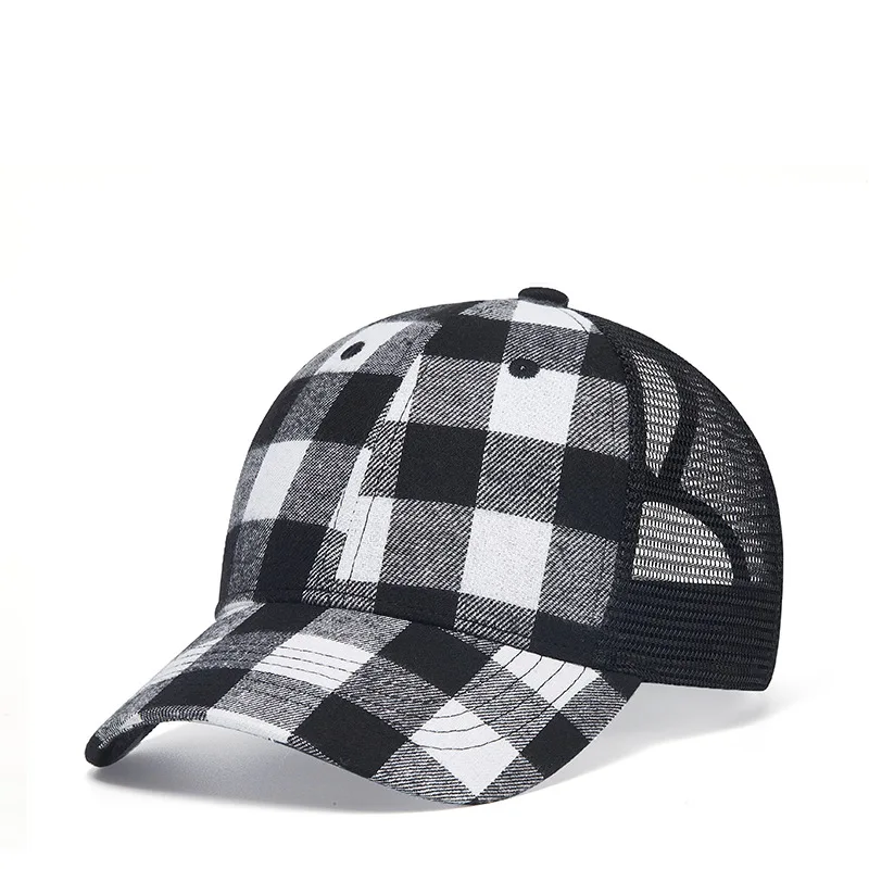 

2021 Fashion Black White Plaid Embroidery Mesh Caps Breathable Snapback Baseball Cap Adjustable Casquette Hole Net Sun Hats