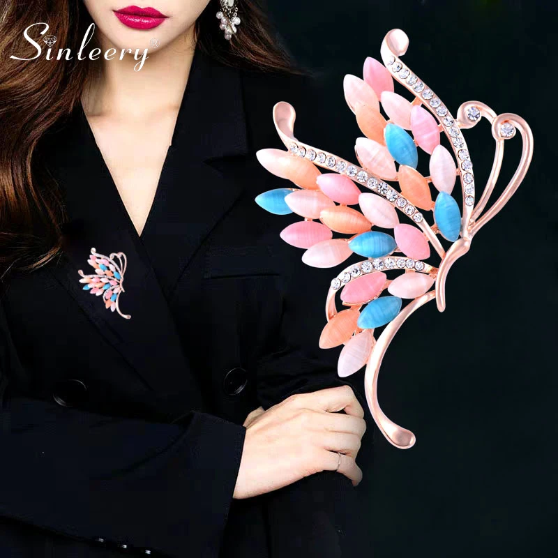 

SINLEERY Design Pink Opal Butterfly Fairy Flower Brooch Rose Gold Color Tiny Cubic Zirconia Brooch For Women Jewelry XZ018 SSB