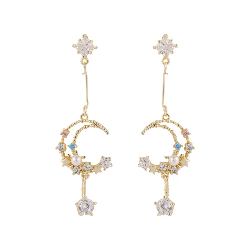 

2021 New Arrival Moon Star Tassel Zircon Stud Earrings For Women Rhinestone Crystal Sweet Party Wedding Jewelry Accessories Gift