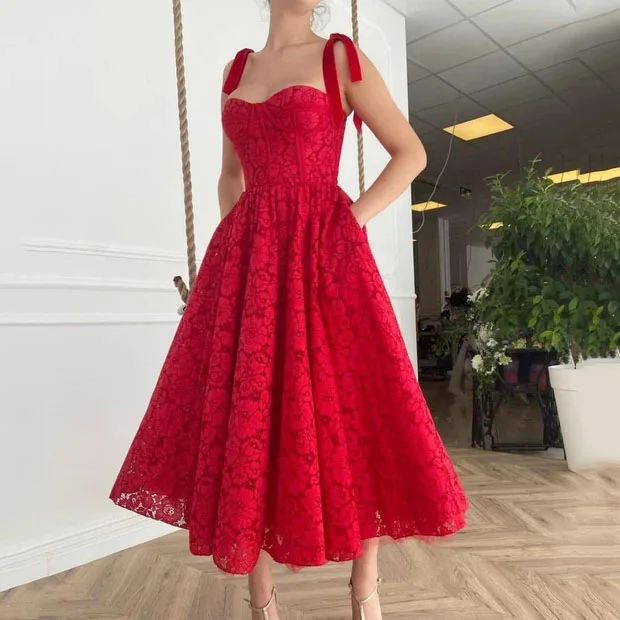 

Thinyfull Flowery Lace Prom Dresses Bustier Corset Red Tea Length Princess Evening Dresses With Straps Vestidos De Noche 2021