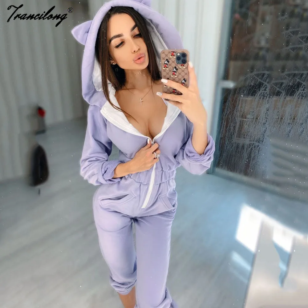 Women Lounge Wear Cotton Solid Jumpsuit Sports Casual Rompers Female Long Sleeve Pockets Overalls Skinny Winter Fashion 2020