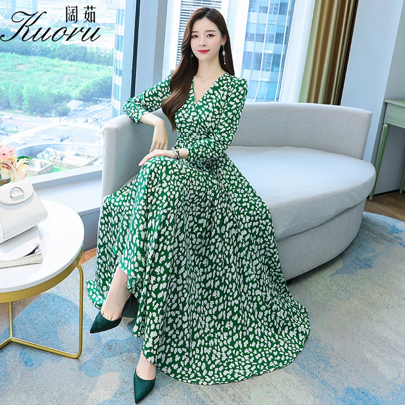 

2021 Autumn Women Midi Casual Dress V Neck Green Boho Long Sleeve Sukienka W Kwiaty Vestido Playa Chiffon Work Robe Longue Femme