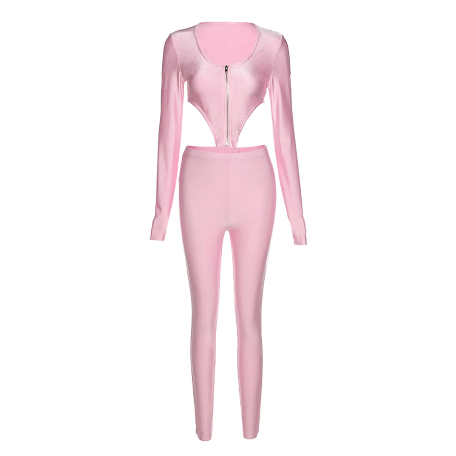 

Fashionable Women Sport Suit, Long Sleeve Zipper Collar Irregular Edge Crop Top Elastic Head Long Tight Pants