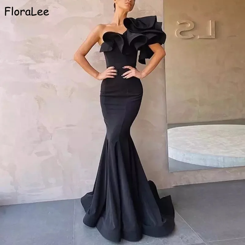 

Black Evening Dresses One Shoulder Silk Satin Ruffle Sweep Train Mermaid Evening Dresses Fast Shipping Zipper Event Dresses