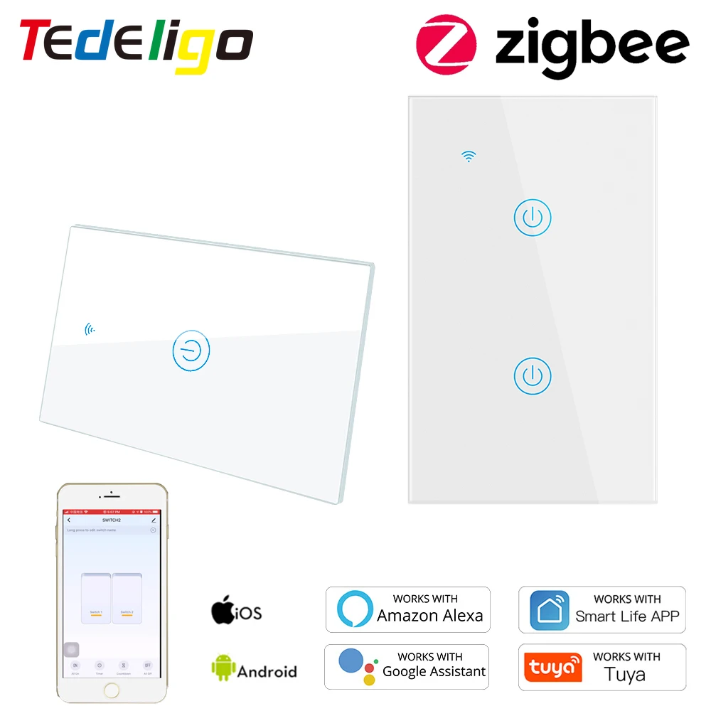 

Zigbee Tuya Smart Home Light Switch Wireless Touch On/Off Interruptor Voice Remote Control AC110220V Work with Alexa Echo Google