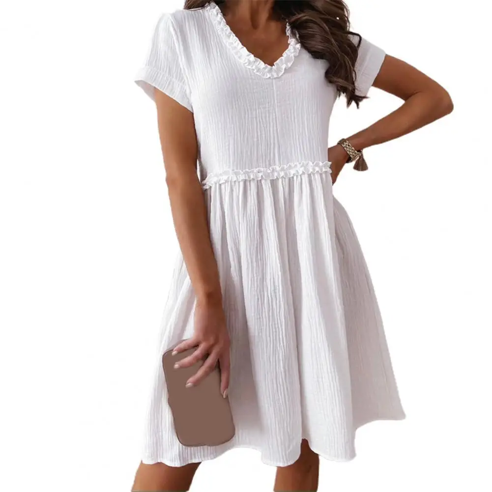 

Summer Women White Dress Lacework High Waist V Neck A Line Knee-Length Dress Female Beach Party Streetwear Vestidos