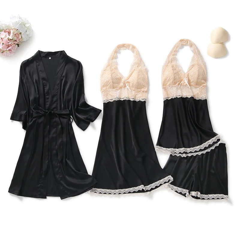 

4 шт., женские атласные пижамы с нагрудными подушечками